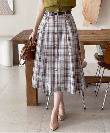 Macaroon Check Button A-Line Long Skirt (Belt Set)